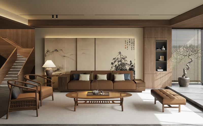 式和元茶韵客厅组合，椭圆形茶几配藤编休闲椅，山水入画